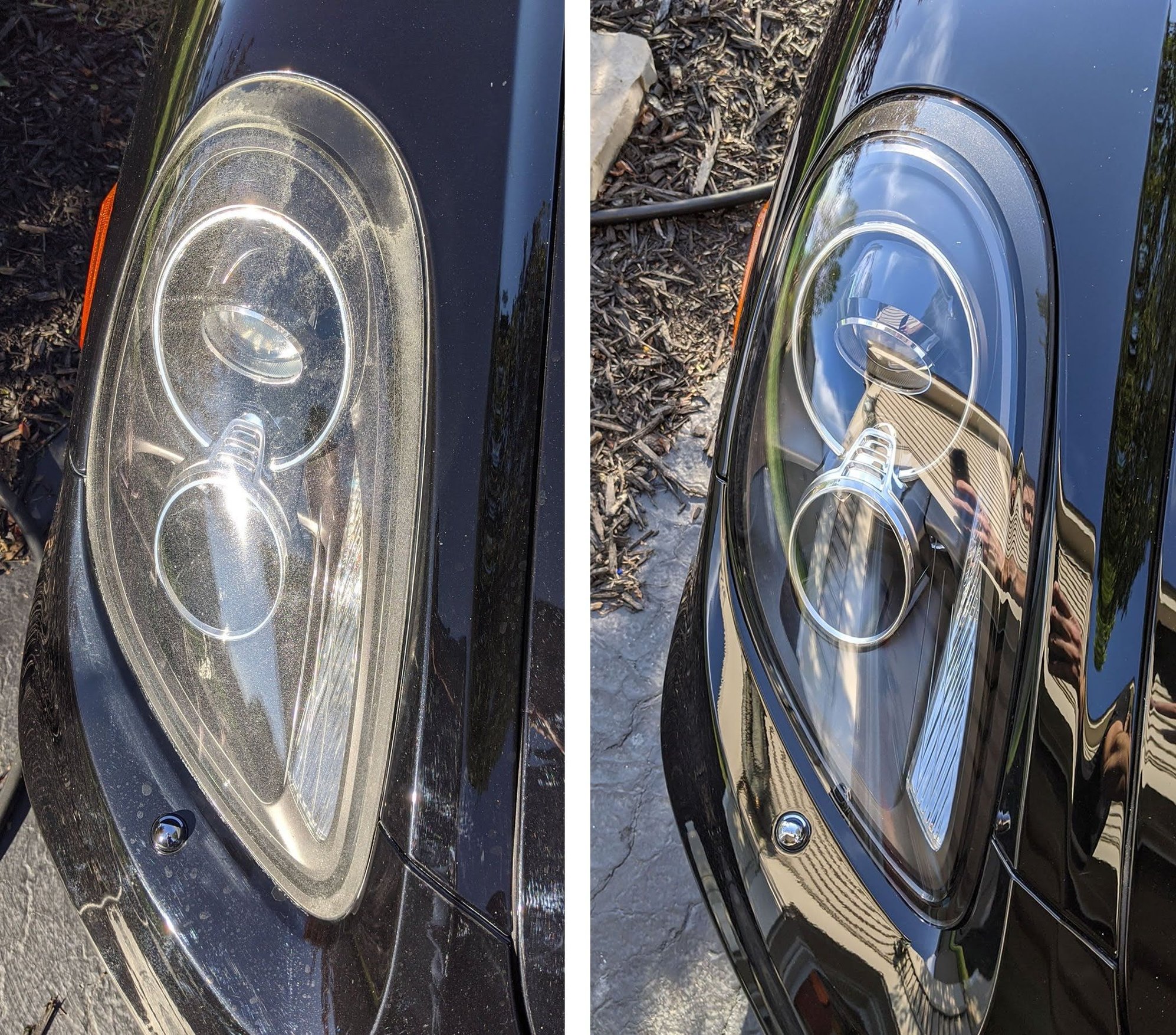 Headlight restoration before and after on a Porsche